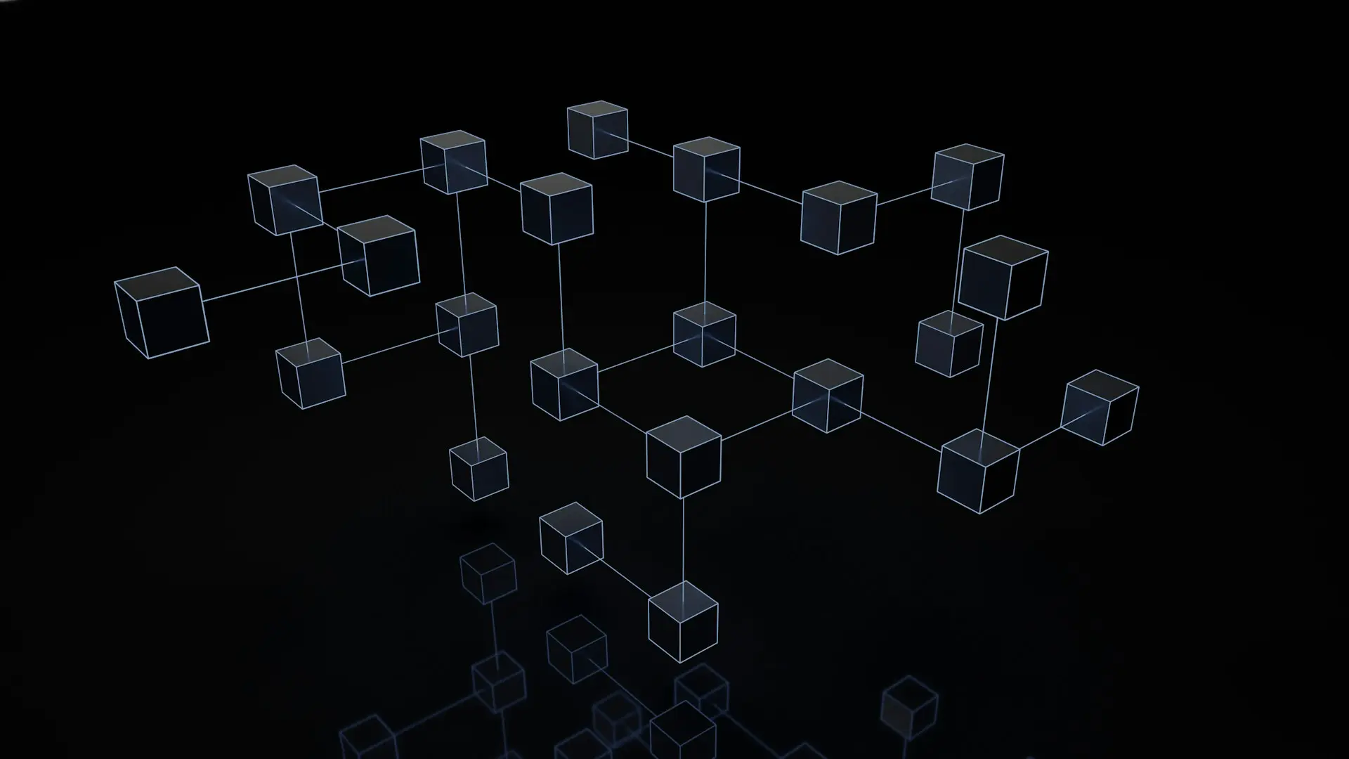 Decentralized data structure with connected 3D blocks representing distributed ledger technology