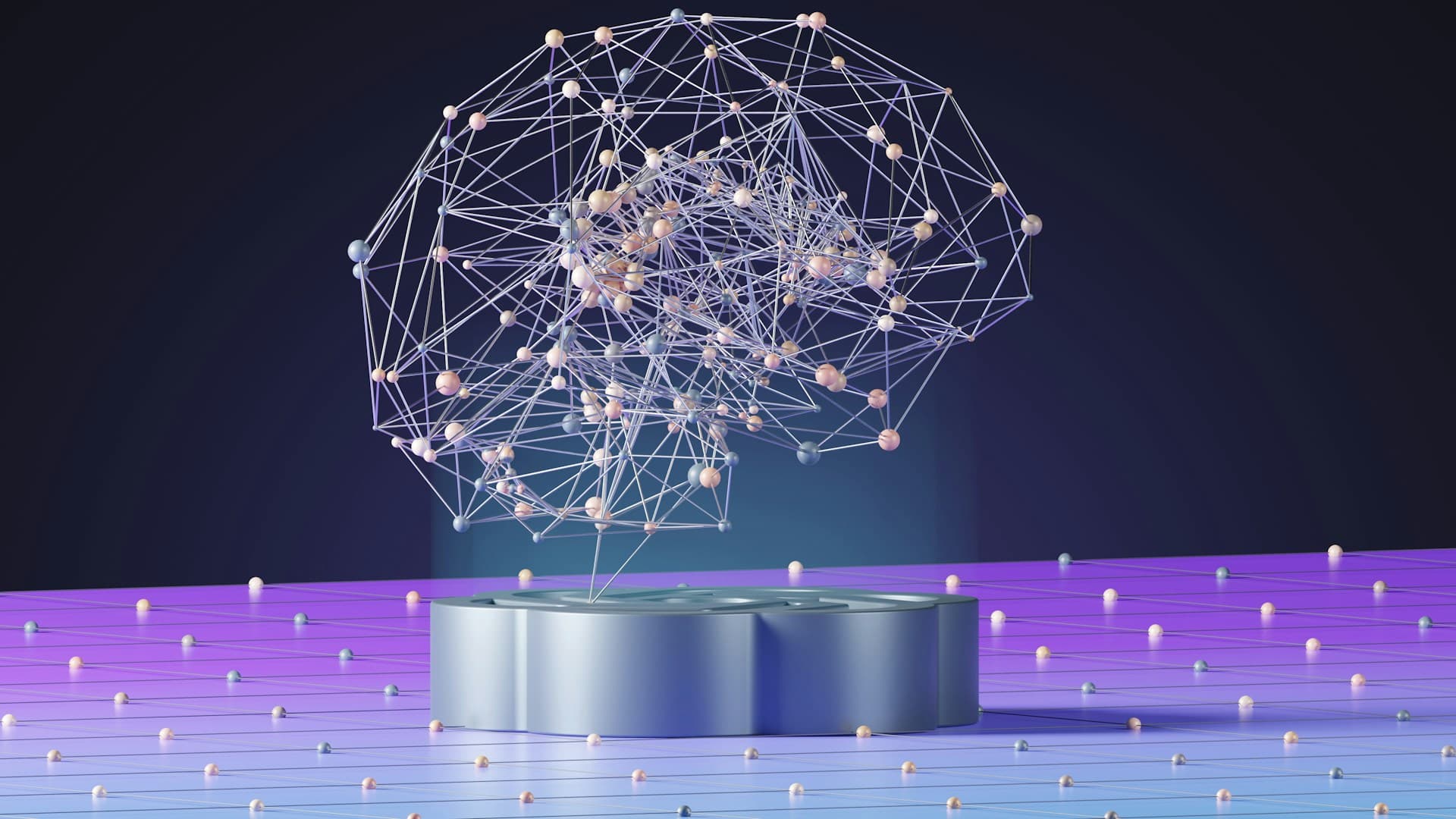 3D neural network visualization representing artificial intelligence with interconnected nodes and geometric brain structure on purple platform